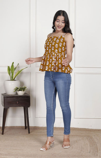 Rust & White Floral Sleeveless Peplum Top with Square Neck | Everyday Chic Wear – Lamenda