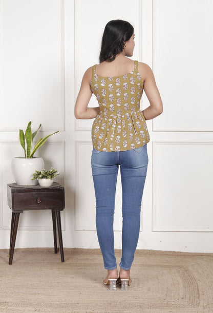 Mustard & White Floral Sleeveless Peplum Top with Scoop Neck | Everyday Chic Wear – Lamenda