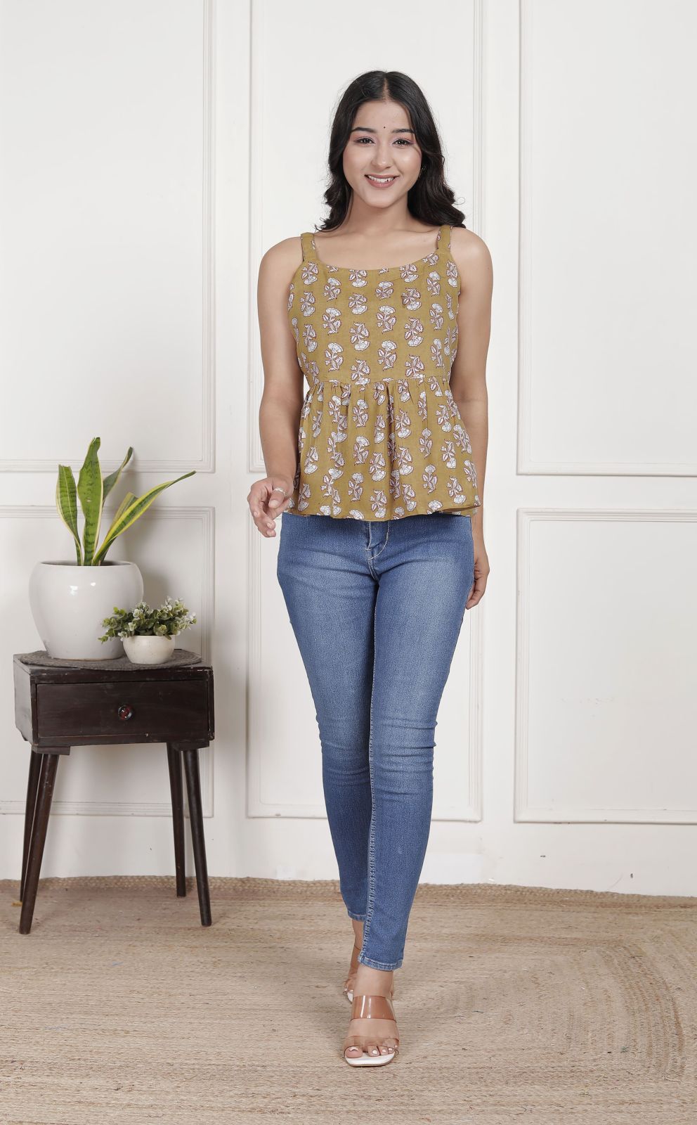Mustard & White Floral Sleeveless Peplum Top with Scoop Neck | Everyday Chic Wear – Lamenda