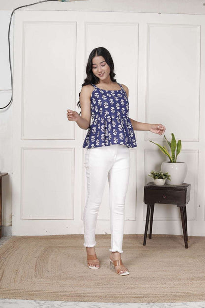 Blue & White Floral Sleeveless Peplum Top with Square Neck | Everyday Chic Wear – Lamenda