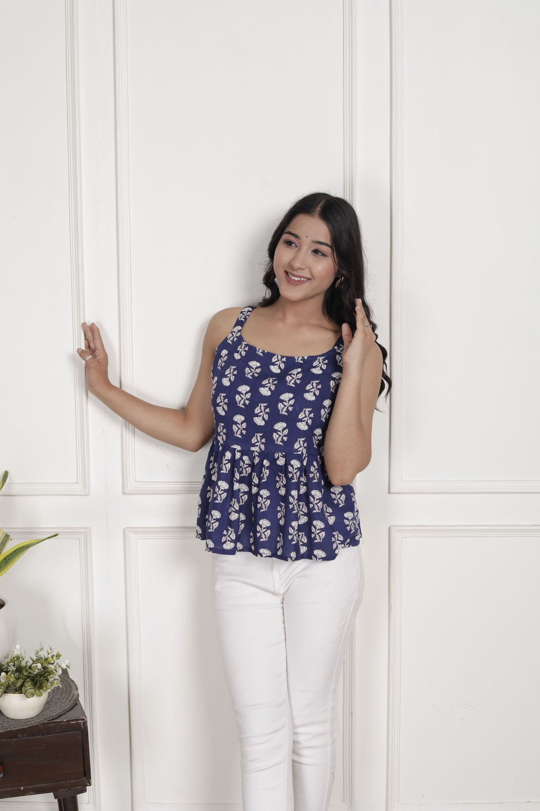Blue & White Floral Sleeveless Peplum Top with Square Neck | Everyday Chic Wear – Lamenda