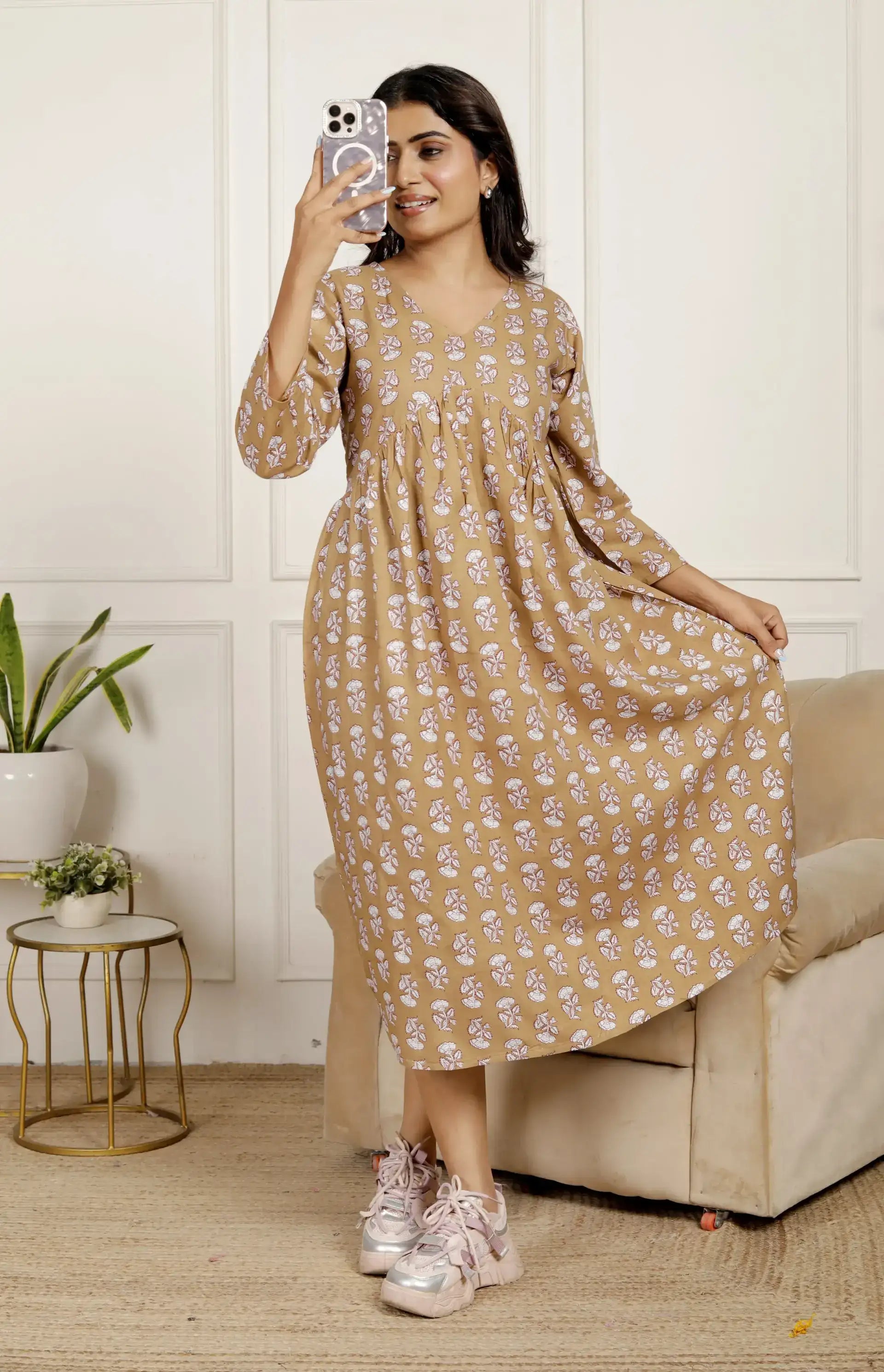 Beige Floral Print Midi Dress with V-Neck & 3/4 Sleeves | Effortless Chic Daily Wear – Lamenda