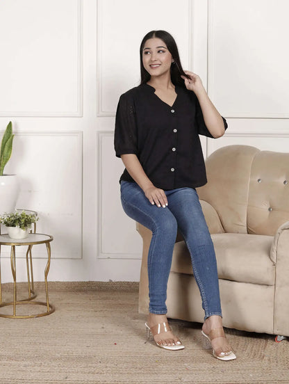 Black Cotton Eyelet Embroidered Top with V-Neck & Puff Sleeves | Casual Chic Short Kurti – Lamenda
