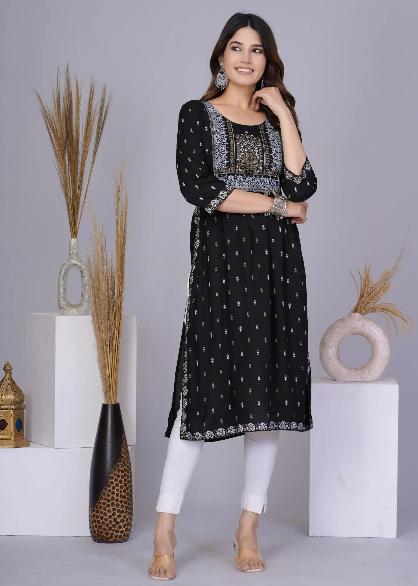 Black Nayra Cut Printed Kurti with 3/4 Sleeves | Elegant Cotton Ethnic Wear – Lamenda