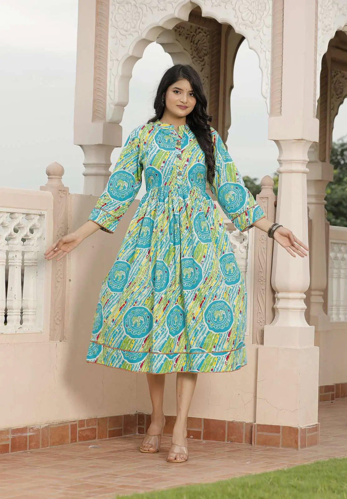Blue & Multicolor Jaipuri Printed Cotton Flared Dress with 3/4 Sleeves & Front Buttons | Rajasthani Ethnic Midi Dress – Lamenda