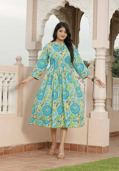 Blue & Multicolor Jaipuri Printed Cotton Flared Dress with 3/4 Sleeves & Front Buttons | Rajasthani Ethnic Midi Dress – Lamenda