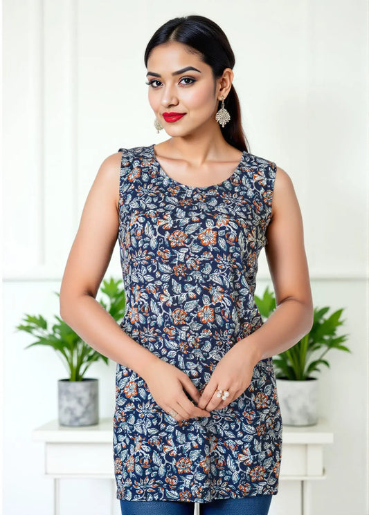 Lamenda Navy Blue Sleeveless Floral Printed Top | Breezy Cotton Summer Tunic – Lamenda
