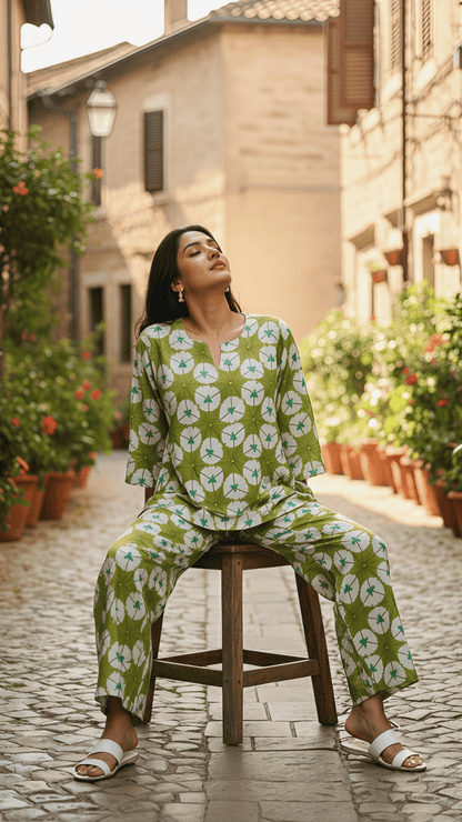 Green Printed Cotton Co-ord Set for Women | Stylish Casual Two-Piece Outfit – Lamenda