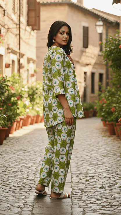 Green Printed Cotton Co-ord Set for Women | Stylish Casual Two-Piece Outfit – Lamenda