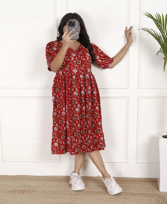 Crimson Red Floral Fit & Flare Midi Dress with V-Neck and Elbow Sleeves | Elegant Casual Wear – Lamenda