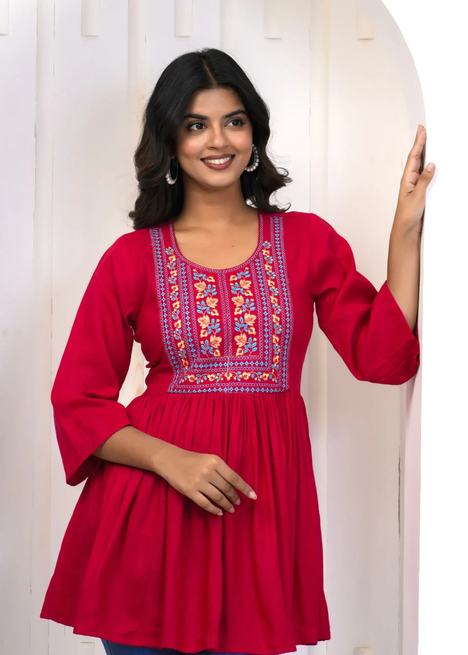 Rani Pink Embroidered Round Neck Maternity-Friendly Empire Top with 3/4th Sleeves | Soft Cotton Casual Wear – Lamenda