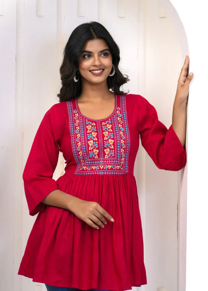 Rani Pink Embroidered Round Neck Maternity-Friendly Empire Top with 3/4th Sleeves | Soft Cotton Casual Wear – Lamenda