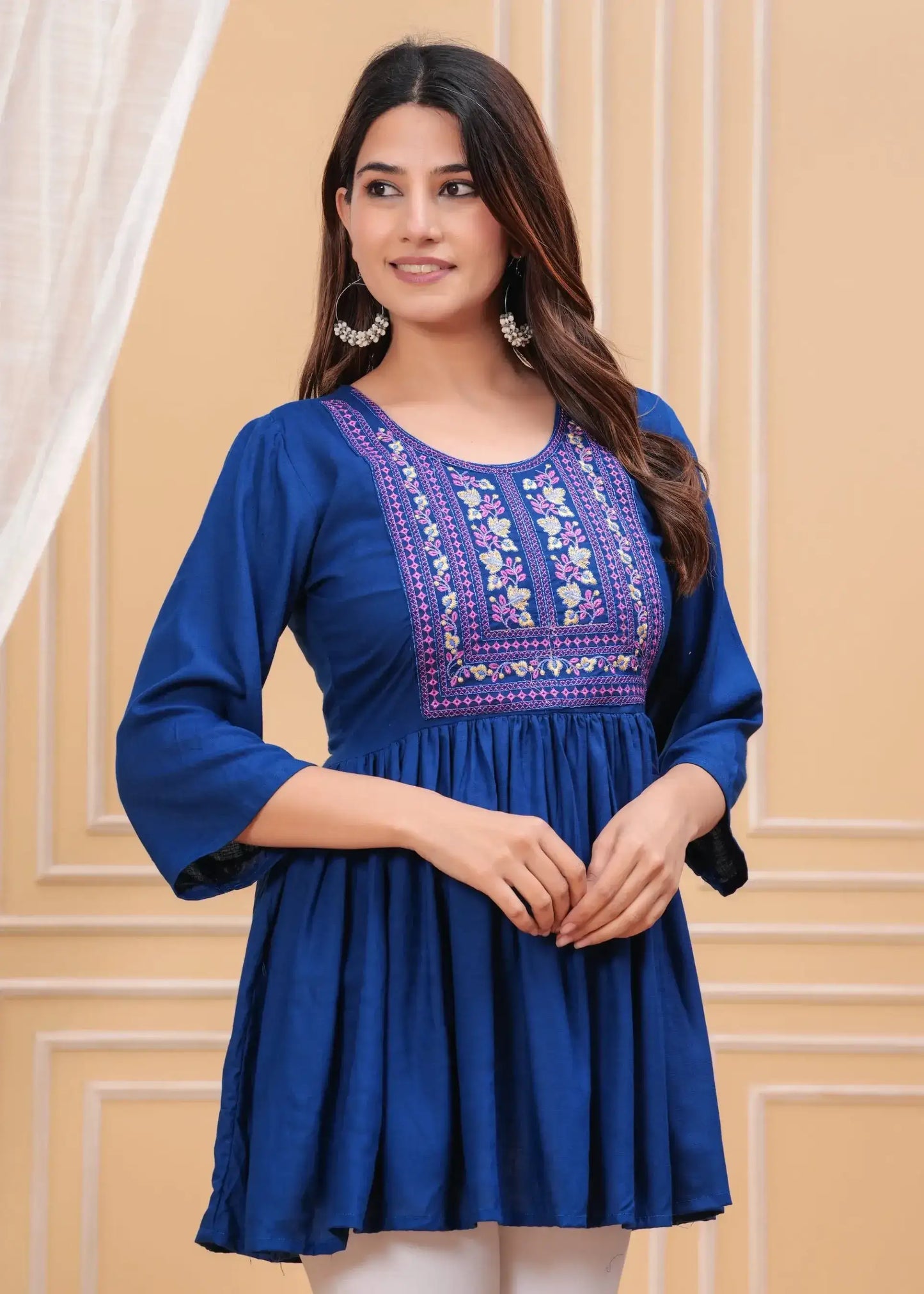 Royal Blue Embroidered Peplum Top with 3/4 Bell Sleeves & Round Neck | Cotton Flared Blouse – Lamenda
