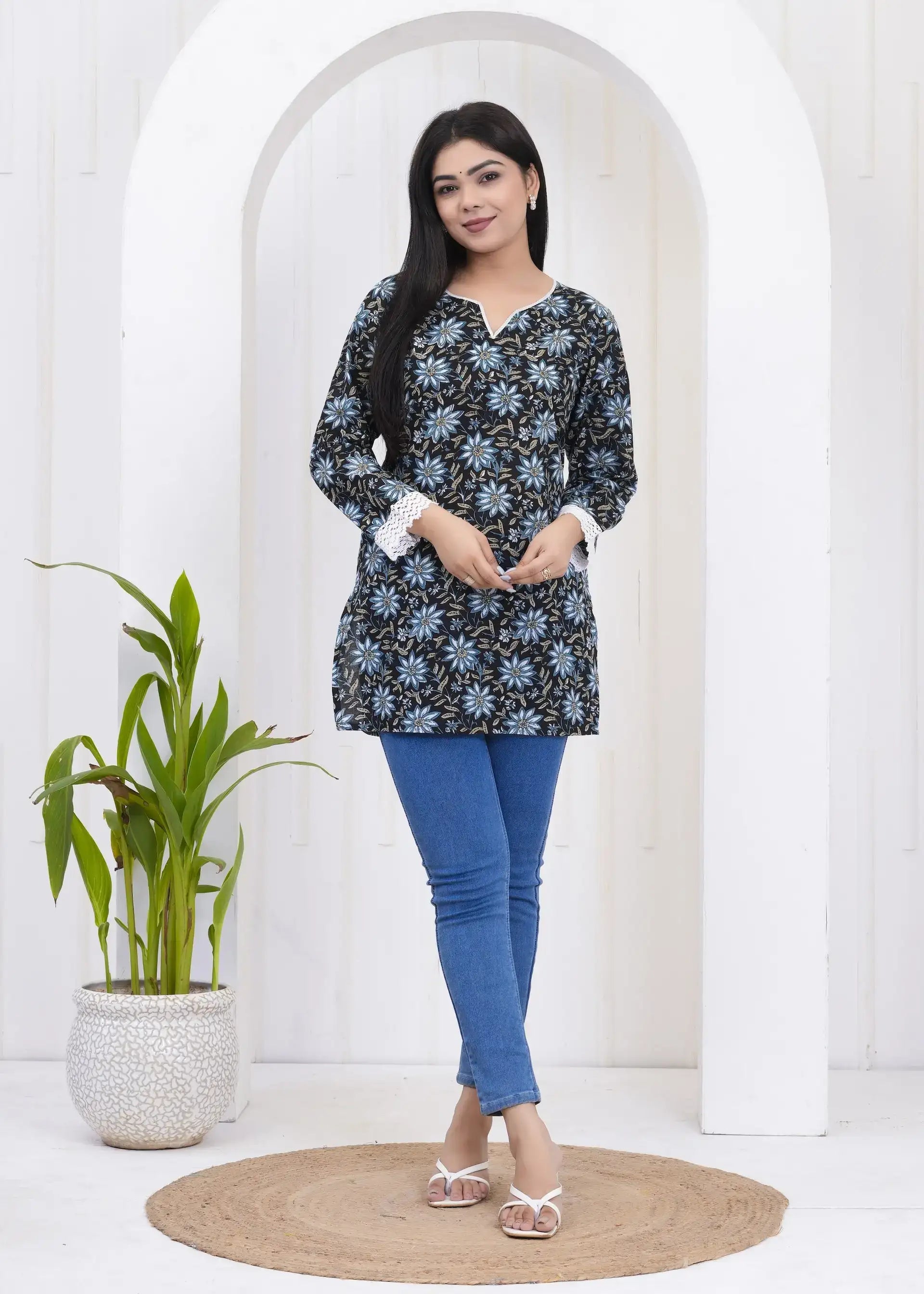 Black Floral Printed Tunic with Crochet Sleeves | Elegant Cotton Top – Lamenda