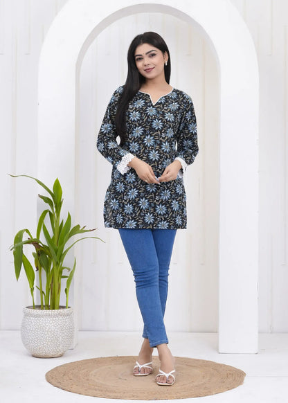 Black Floral Printed Tunic with Crochet Sleeves | Elegant Cotton Top – Lamenda