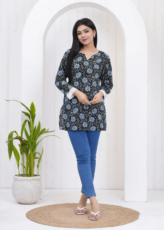 Black Floral Printed Tunic with Crochet Sleeves | Elegant Cotton Top – Lamenda