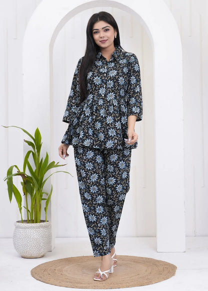 Black & Blue Floral Printed Coord Set | Peplum Top & Tapered Pants – Lamenda