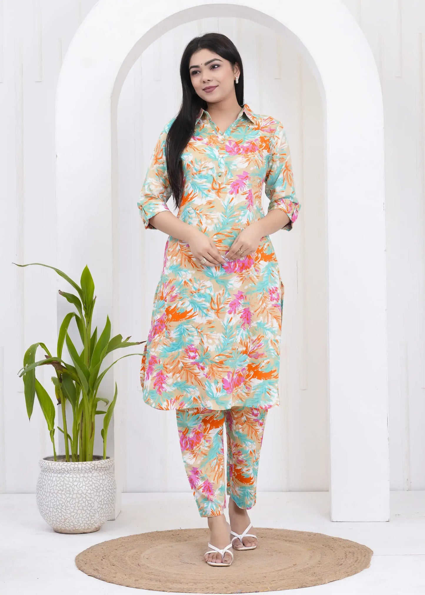 Tropical Print Cotton Kurta Set with Shirt Collar & 3/4 Sleeves | Coordinated Casual Wear – Lamenda