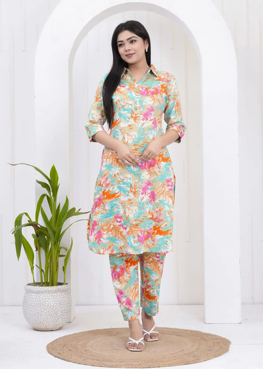 Tropical Print Cotton Kurta Set with Shirt Collar & 3/4 Sleeves | Coordinated Casual Wear – Lamenda