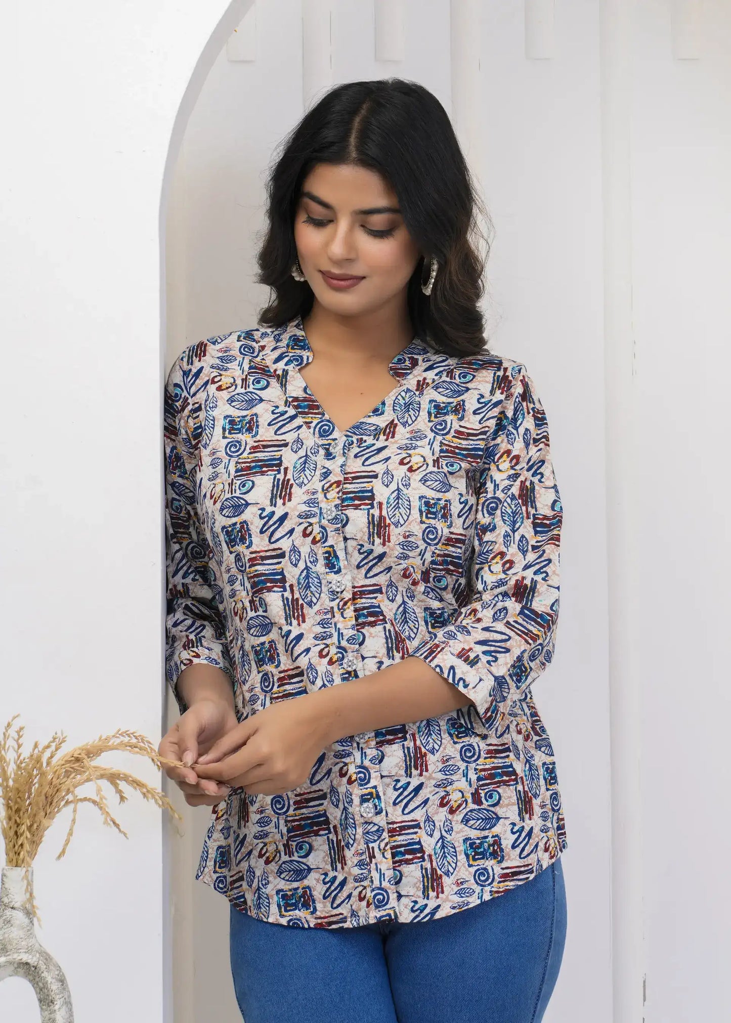 Multicolor Abstract Print Collar Neck Top with 3/4th Sleeves | Soft Cotton Casual Wear – Lamenda