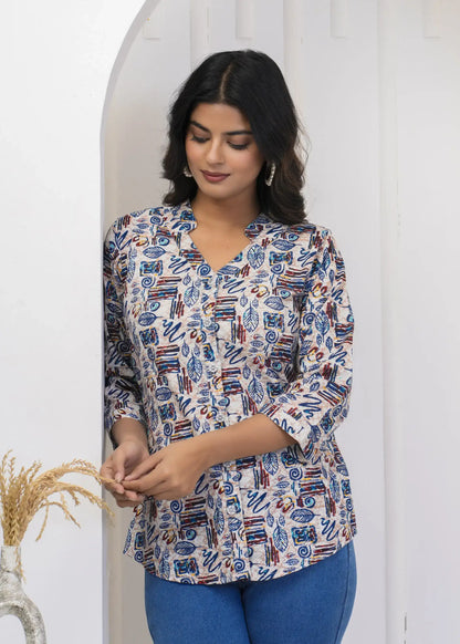 Multicolor Abstract Print Collar Neck Top with 3/4th Sleeves | Soft Cotton Casual Wear – Lamenda