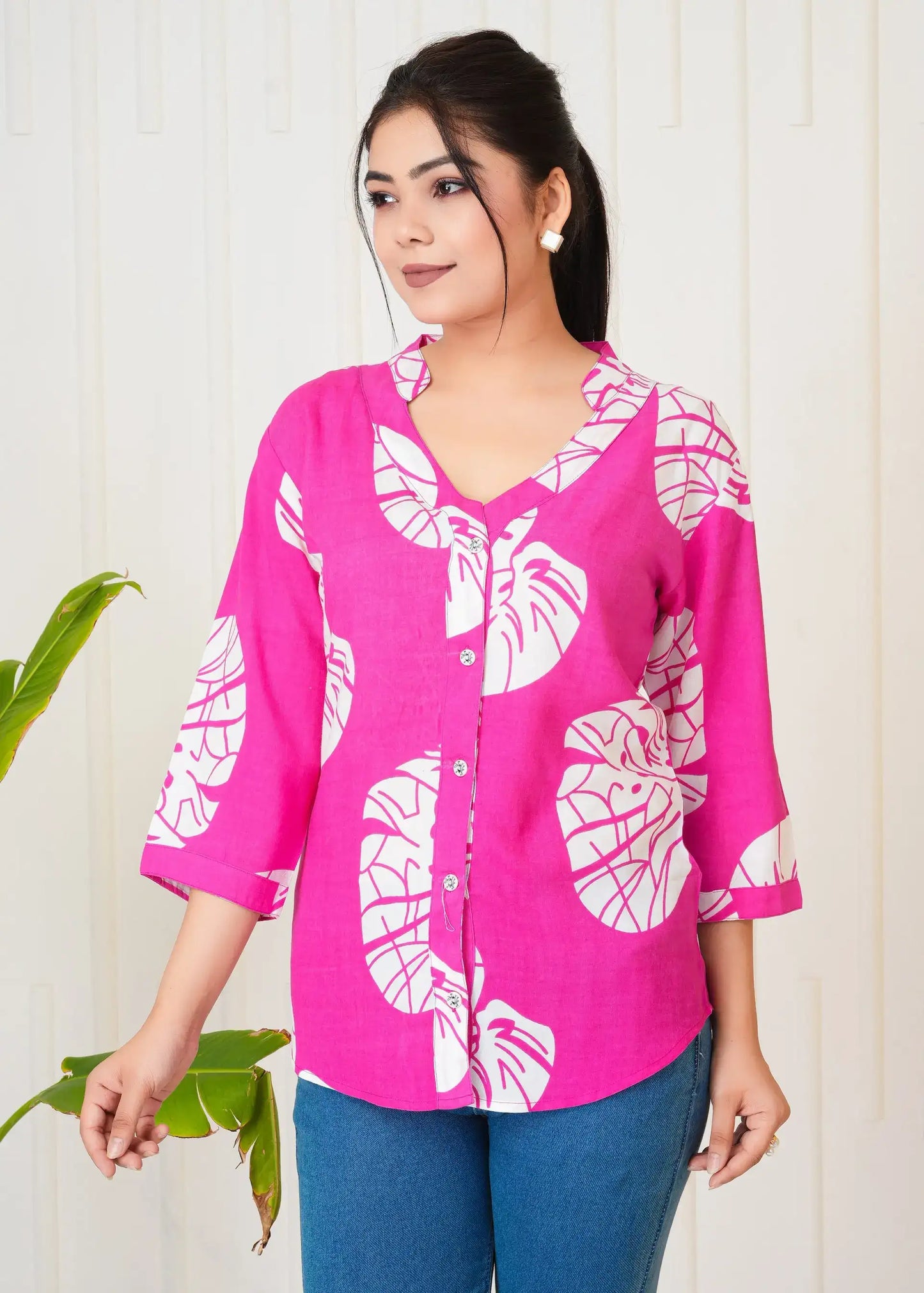 Pink & White Leaf Print Button-Down Shirt Top for Women | Stylish Casual Tops – Lamenda