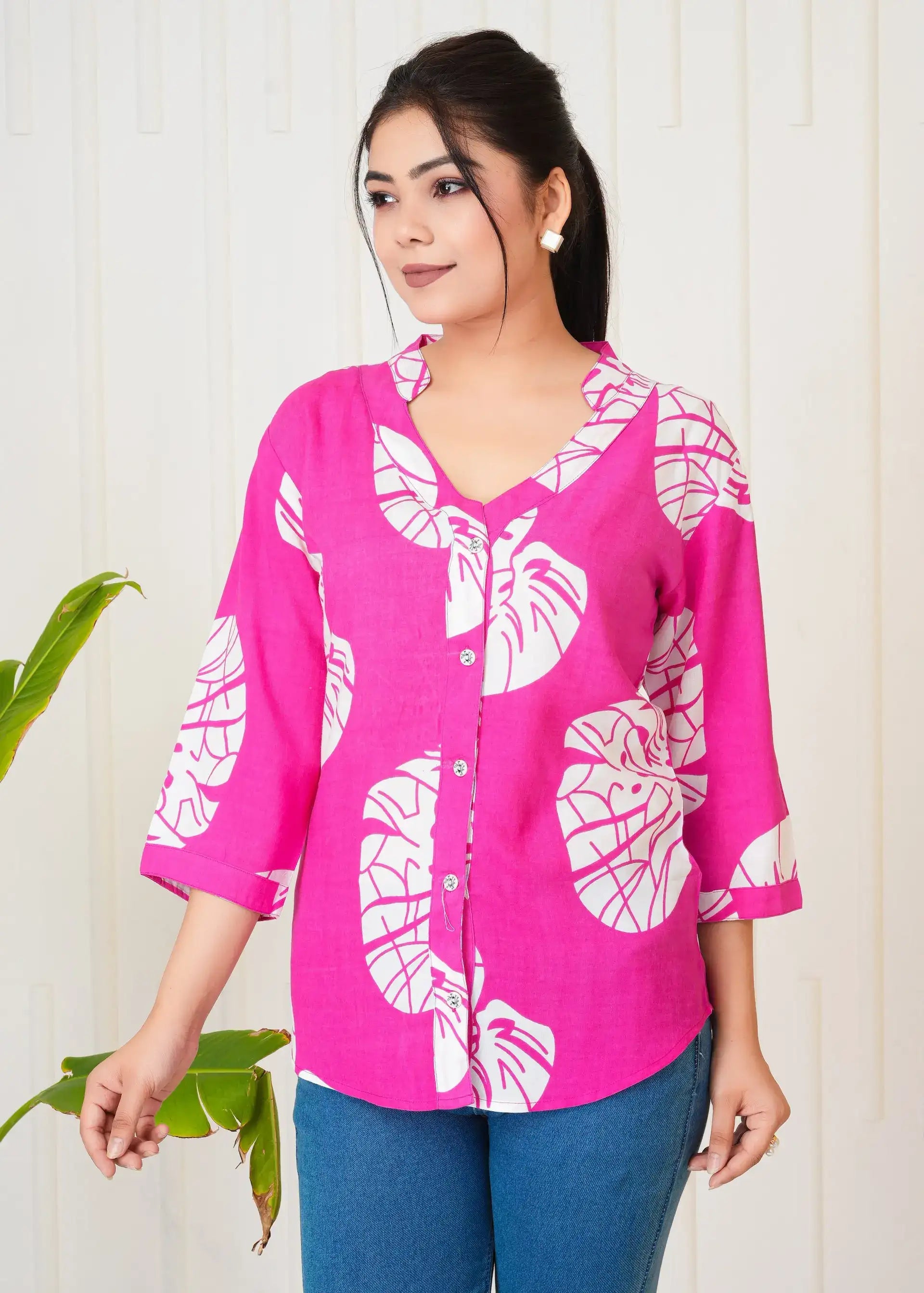 Pink & White Leaf Print Button-Down Shirt Top for Women | Stylish Casual Tops – Lamenda