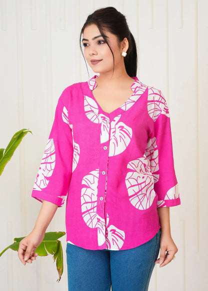 Pink & White Leaf Print Button-Down Shirt Top for Women | Stylish Casual Tops – Lamenda