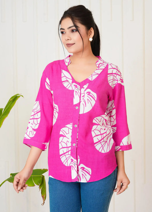 Pink & White Leaf Print Button-Down Shirt Top for Women | Stylish Casual Tops – Lamenda