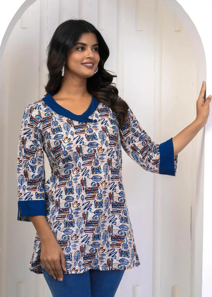 Blue Abstract Printed Cotton Tunic with Contrast Detailing | Casual Wear Top – Lamenda
