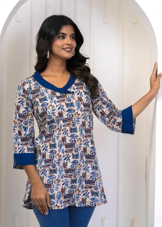Blue Abstract Printed Cotton Tunic with Contrast Detailing | Casual Wear Top – Lamenda