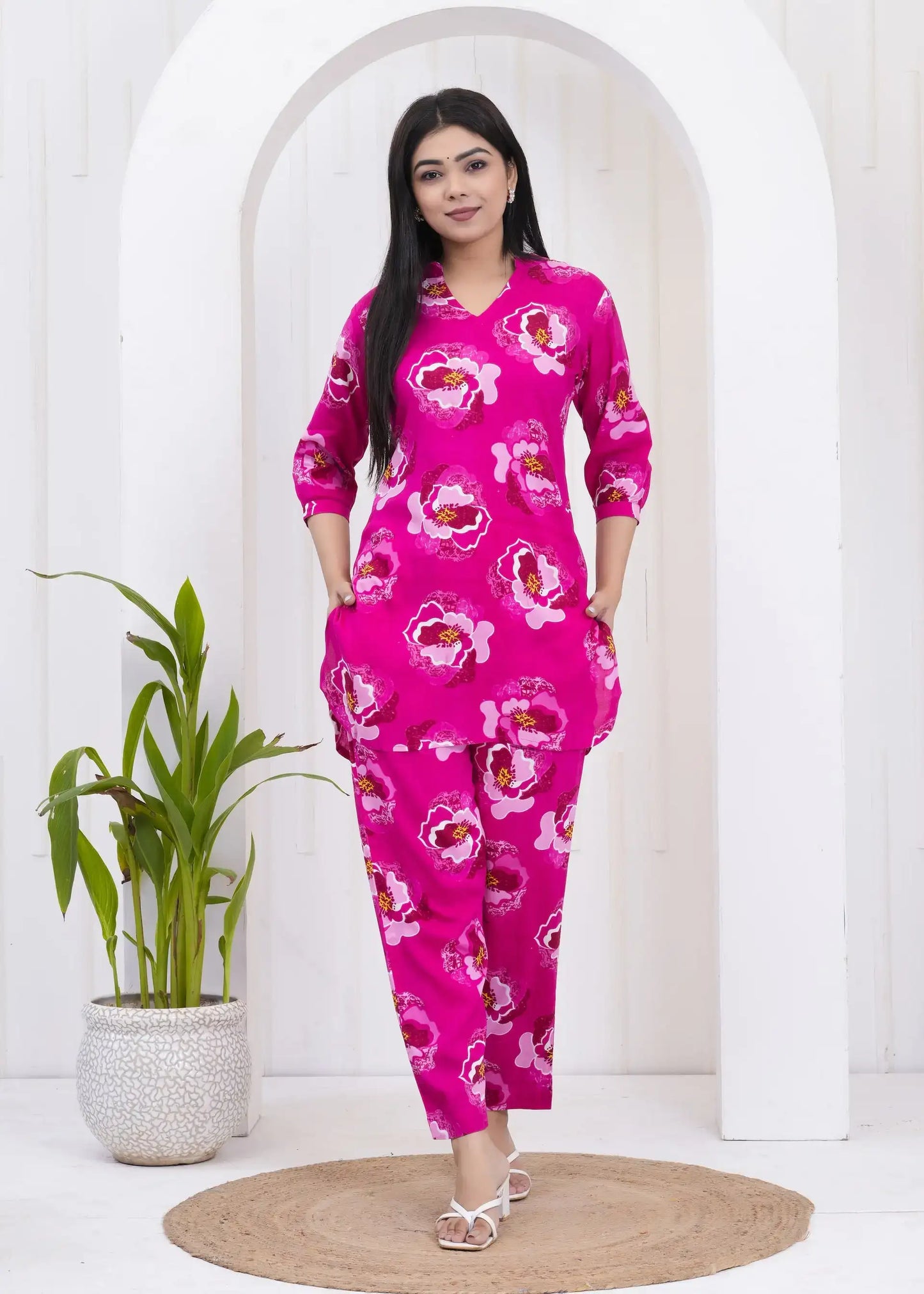 Magenta Floral Printed Co-ord Set with V-Neck Kurta & Straight Pants | Soft Cotton Fabric | Lamenda
