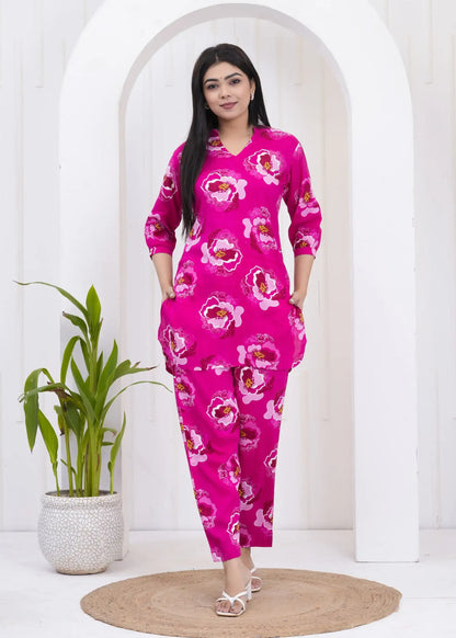 Magenta Floral Printed Co-ord Set with V-Neck Kurta & Straight Pants | Soft Cotton Fabric | Lamenda