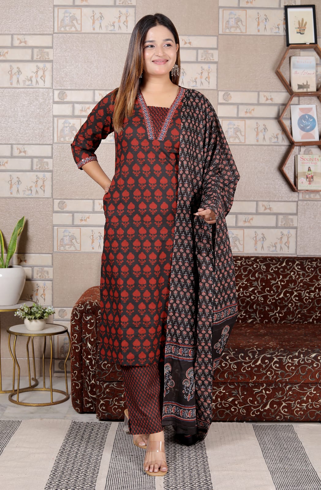 Maroon & Black Cotton Printed Suit Set with Dupatta | Elegant 3-Piece Kurta Set for Women – Lamenda