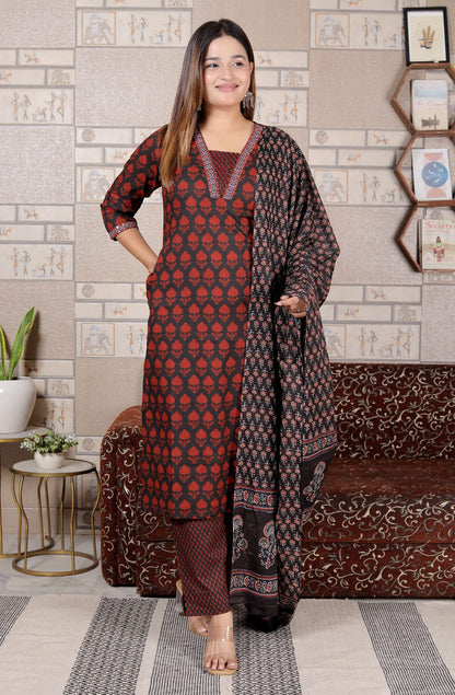 Maroon & Black Cotton Printed Suit Set with Dupatta | Elegant 3-Piece Kurta Set for Women – Lamenda