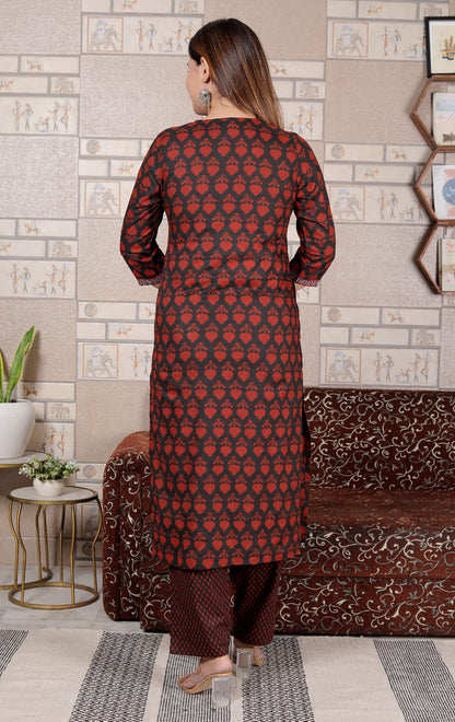 Maroon & Black Cotton Printed Suit Set with Dupatta | Elegant 3-Piece Kurta Set for Women – Lamenda
