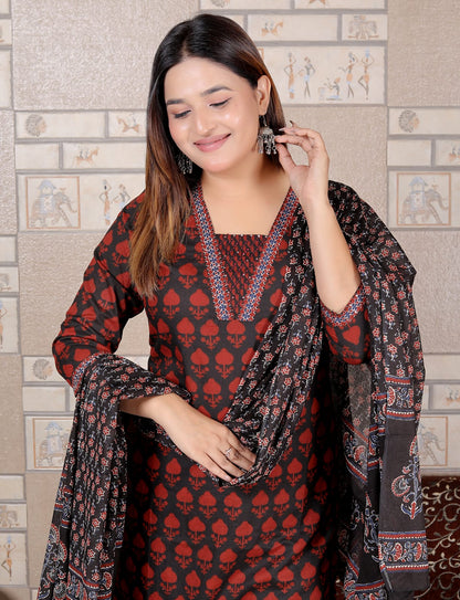 Maroon & Black Cotton Printed Suit Set with Dupatta | Elegant 3-Piece Kurta Set for Women – Lamenda
