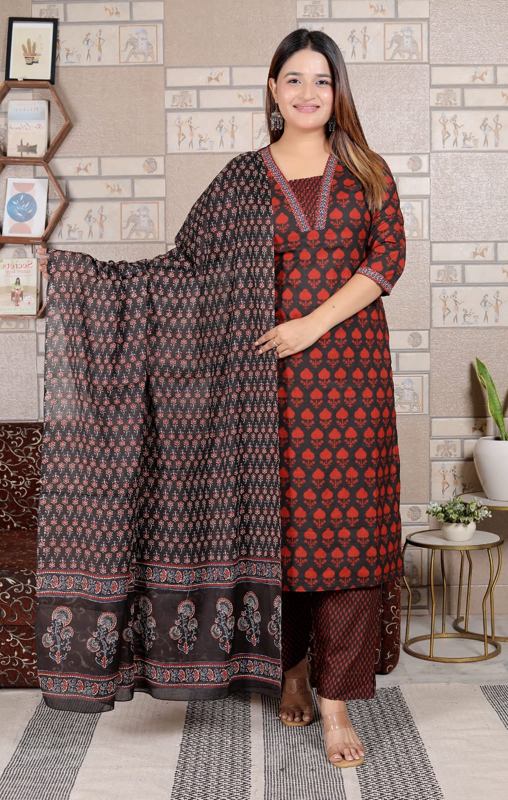 Maroon & Black Cotton Printed Suit Set with Dupatta | Elegant 3-Piece Kurta Set for Women – Lamenda