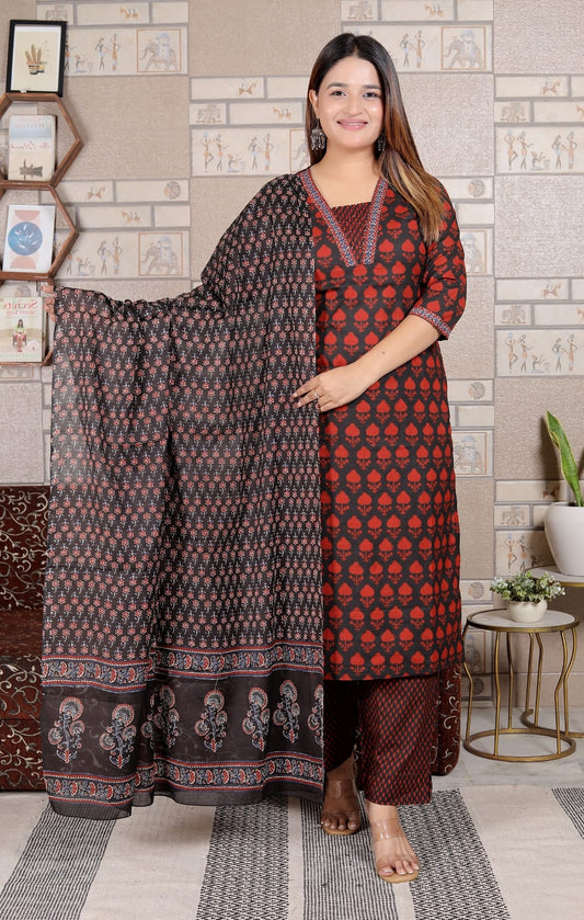 Maroon & Black Cotton Printed Suit Set with Dupatta | Elegant 3-Piece Kurta Set for Women – Lamenda