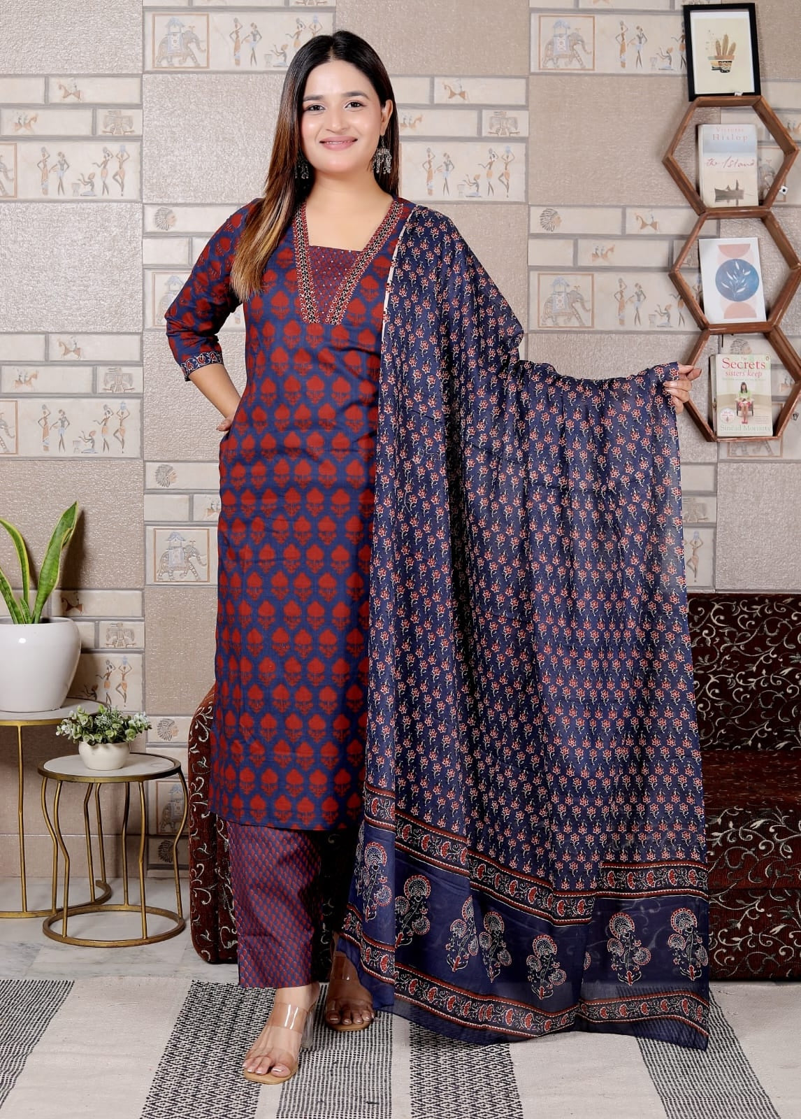 Maroon & Blue Printed Cotton Suit Set for Women | 3-Piece Set with Dupatta – Lamenda Ethnic Wear