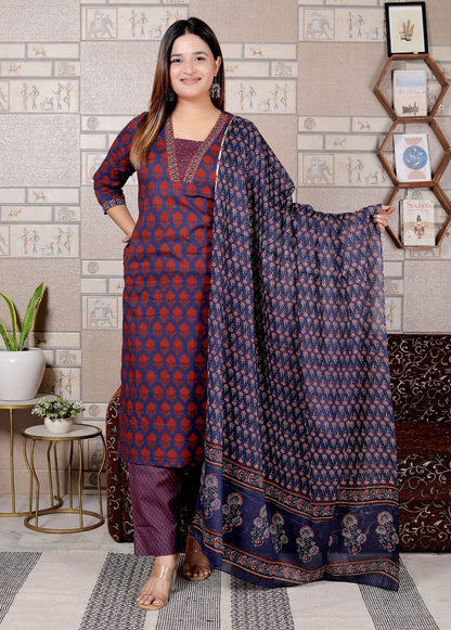 Maroon & Blue Printed Cotton Suit Set for Women | 3-Piece Set with Dupatta – Lamenda Ethnic Wear
