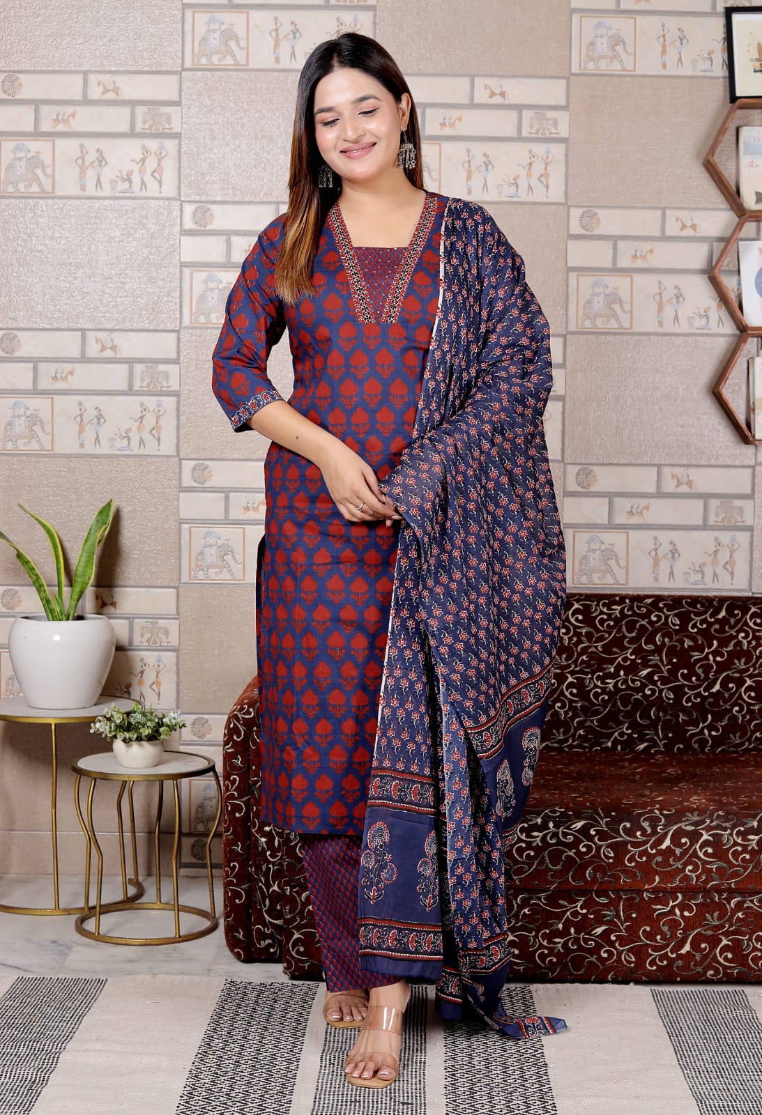 Maroon & Blue Printed Cotton Suit Set for Women | 3-Piece Set with Dupatta – Lamenda Ethnic Wear