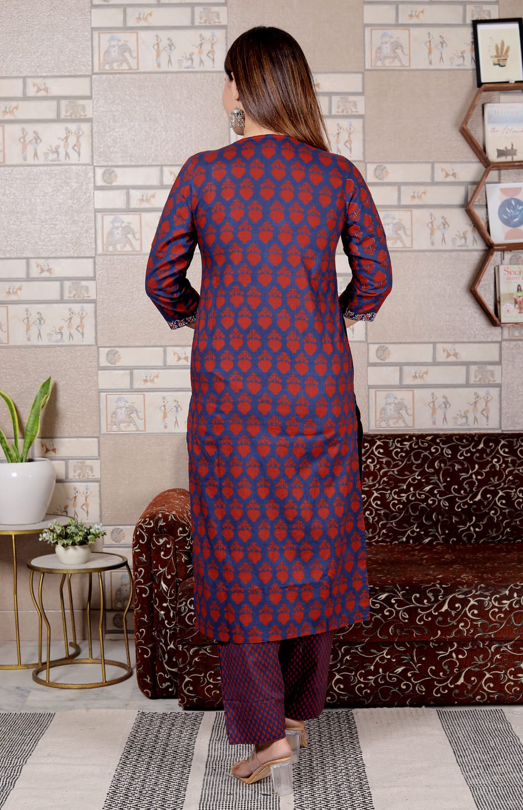 Maroon & Blue Printed Cotton Suit Set for Women | 3-Piece Set with Dupatta – Lamenda Ethnic Wear