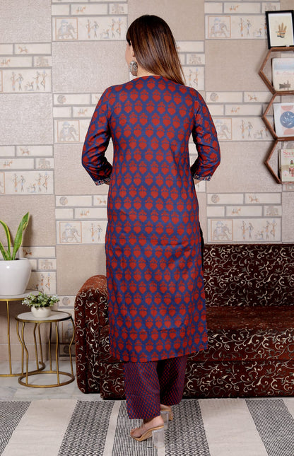 Maroon & Blue Printed Cotton Suit Set for Women | 3-Piece Set with Dupatta – Lamenda Ethnic Wear