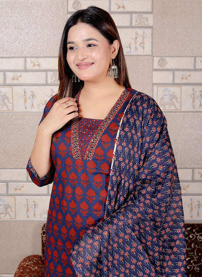 Maroon & Blue Printed Cotton Suit Set for Women | 3-Piece Set with Dupatta – Lamenda Ethnic Wear
