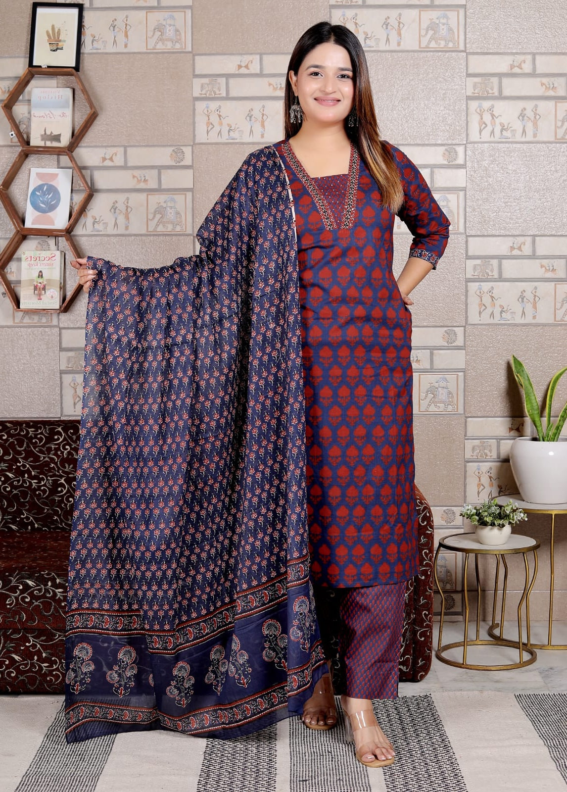 Maroon & Blue Printed Cotton Suit Set for Women | 3-Piece Set with Dupatta – Lamenda Ethnic Wear