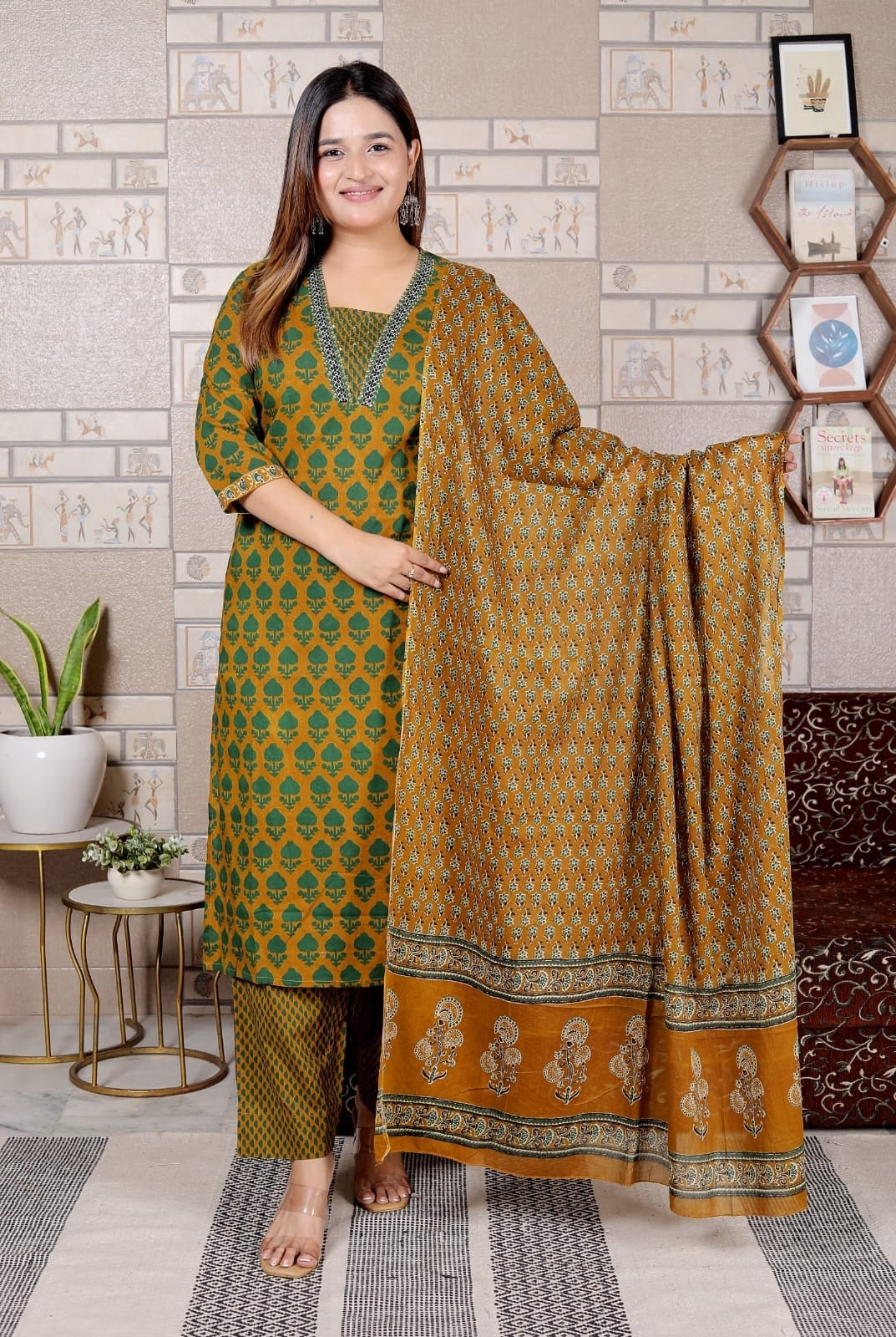 Mustard & Green Printed Cotton Suit Set for Women | 3-Piece Set with Dupatta – Lamenda Ethnic Wear