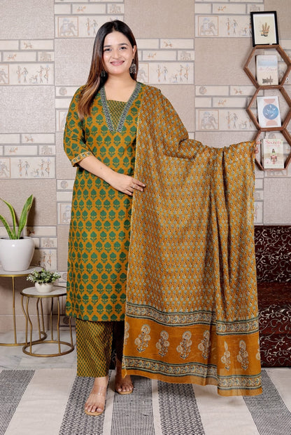 Mustard & Green Printed Cotton Suit Set for Women | 3-Piece Set with Dupatta – Lamenda Ethnic Wear