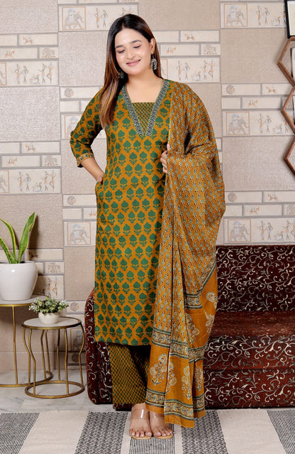 Mustard & Green Printed Cotton Suit Set for Women | 3-Piece Set with Dupatta – Lamenda Ethnic Wear