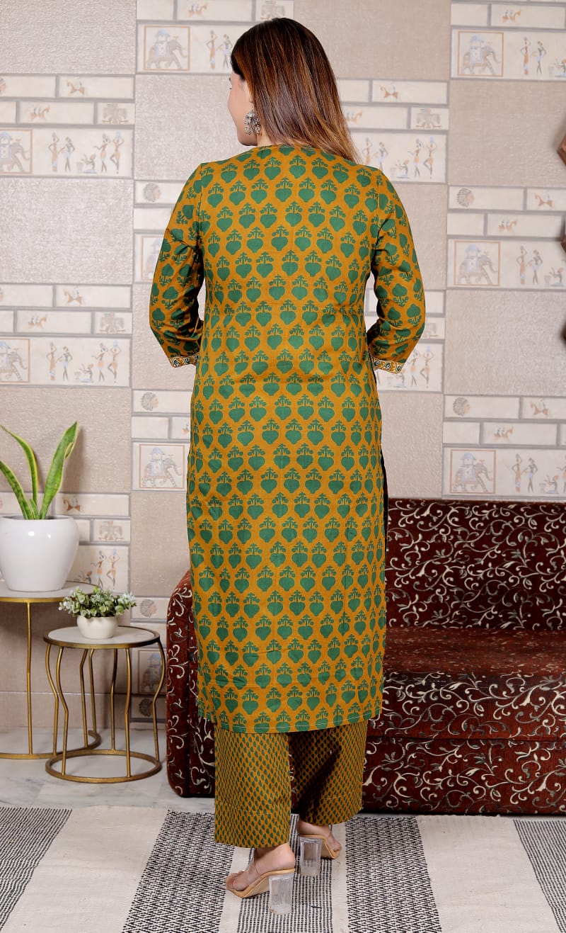 Mustard & Green Printed Cotton Suit Set for Women | 3-Piece Set with Dupatta – Lamenda Ethnic Wear